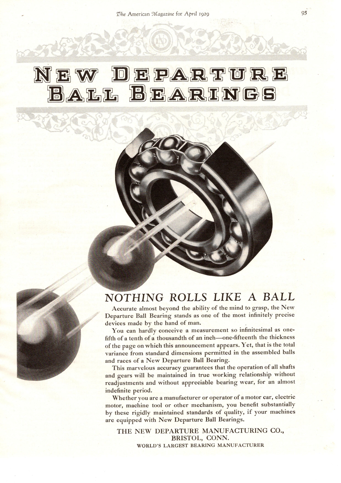 1929 New Departure Manufacturing Co. Ball Bearings Bristol Connecticut Print Ad