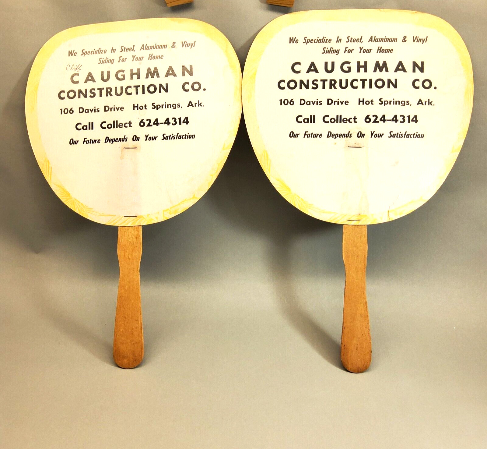 Vtg Hand Fans Caughman Construction Hot Springs Arkansas Carboard x2 *READ*