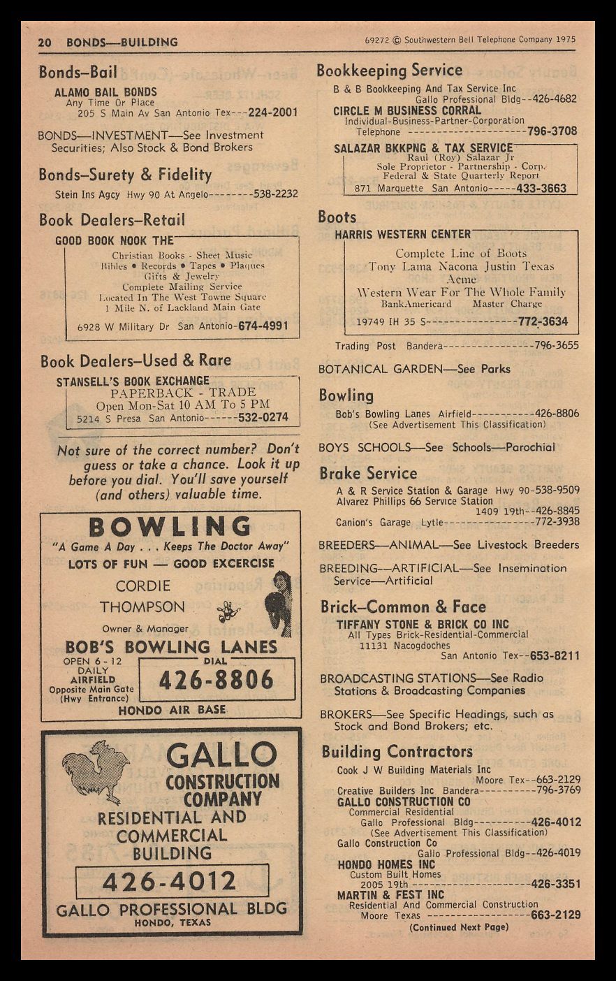 1975 Bobs Bowling Lanes Hondo Texas Air Base Gallo Construction Vintage Print Ad