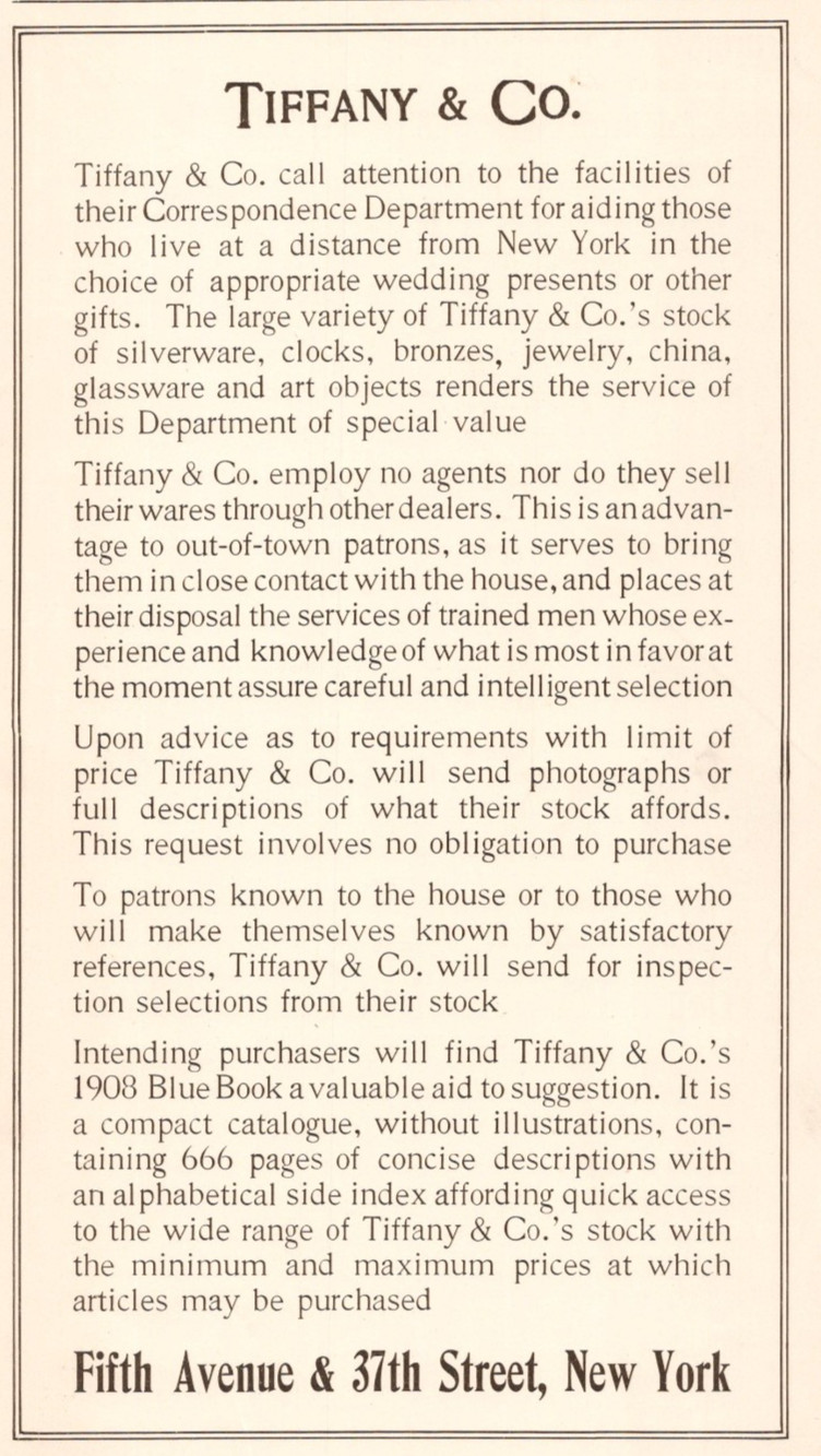 1908 Tiffany & Co Correspondence Dept Wedding Gifts by Mail Print Ad