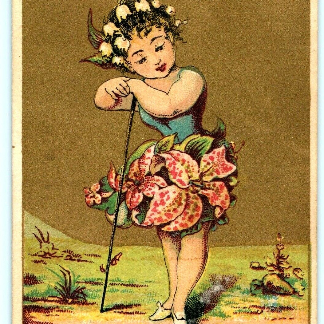 c1880s Victorian Trade Card Girl Lily of the Valley Flower Dress Costume Antique