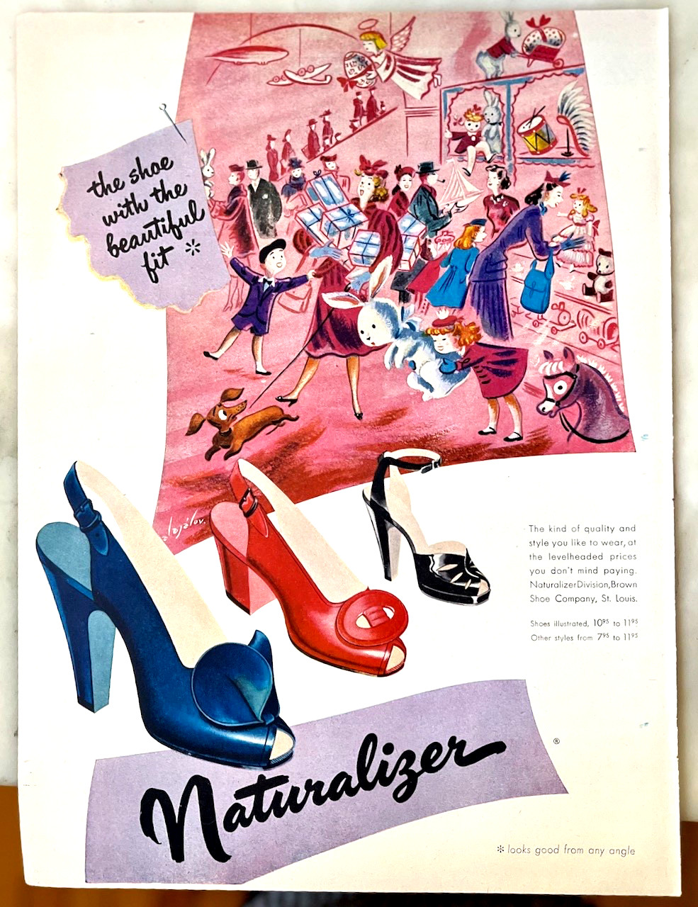 1948 magazine ad for Naturalizer Shoes – Alajalov illustration, Xmas toy dept.