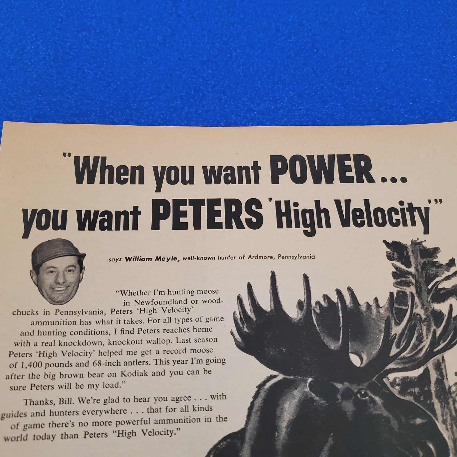 1956 Peters High Velocity Ammunition 30-06 Springfield Rifle Ammo Moose Print Ad