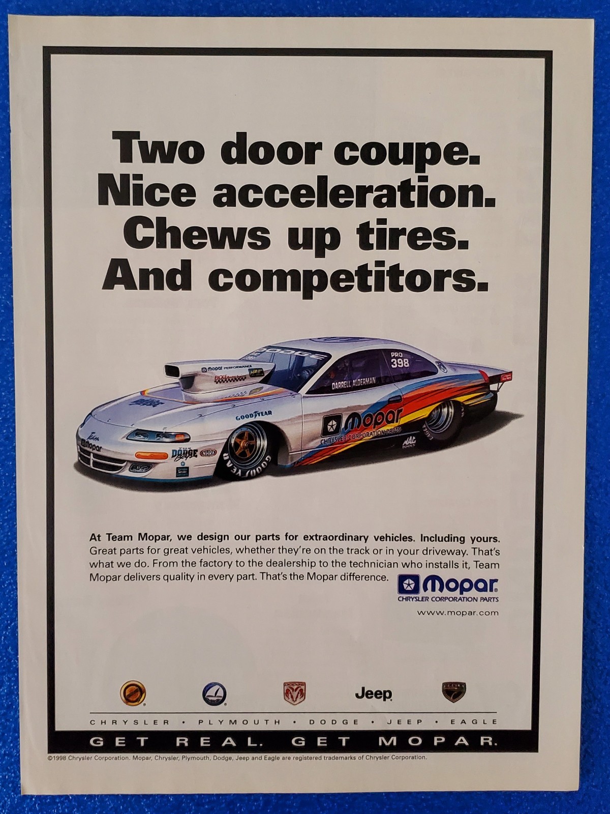 1998 MOPAR PARTS NHRA RACER CHRYSLER PLYMOUTH JEEP EAGLE DODGE ORIGINAL PRINT AD