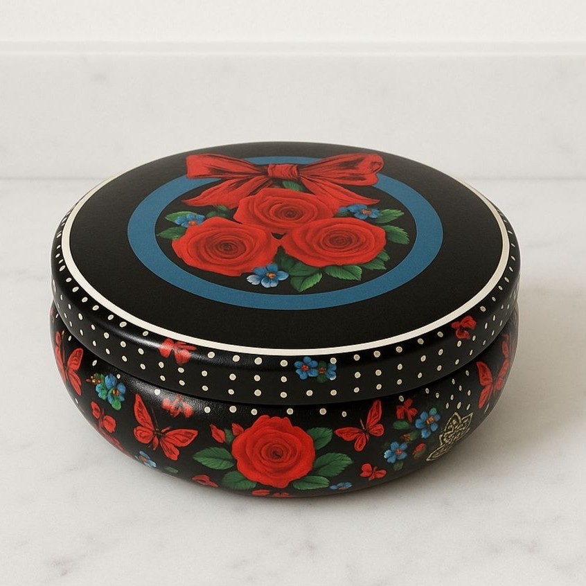 Vintage Mid Century 1950s Nobel Hall Rose Decorated Lacquered Cookie Tin 5.25”