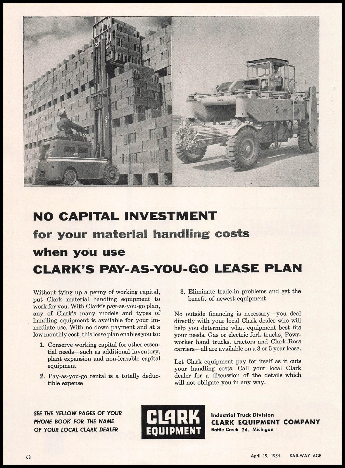 1954 Clark Equipment Battle Creek Michigan Material Handling Lease Plan Print Ad