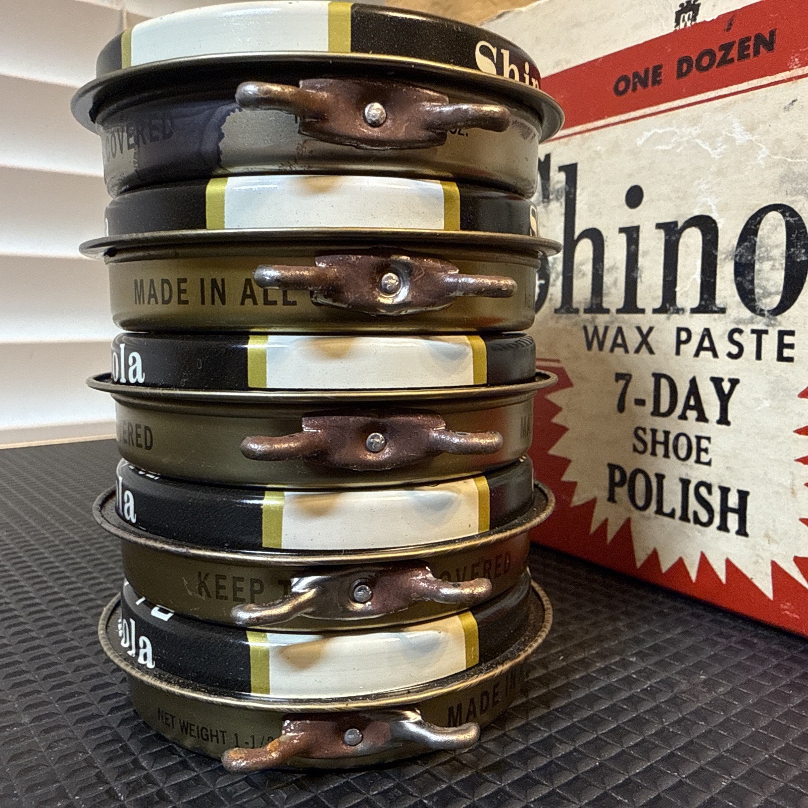 Shinola 1950s Shoe Polish NOS Display Handler with 12 Cans of NOS Wax Paste