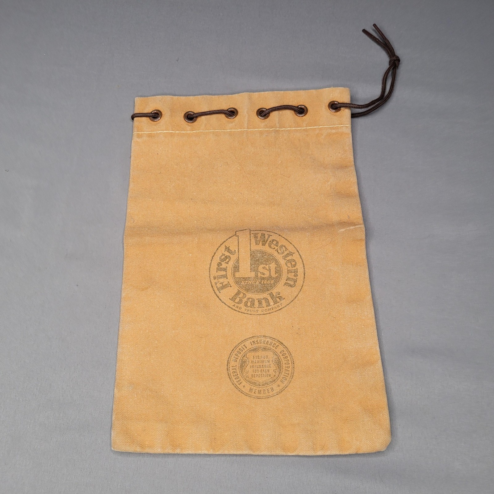 Vintage First Western Bank Beige Canvas Money Deposit Bag Drawstring FDIC Promo