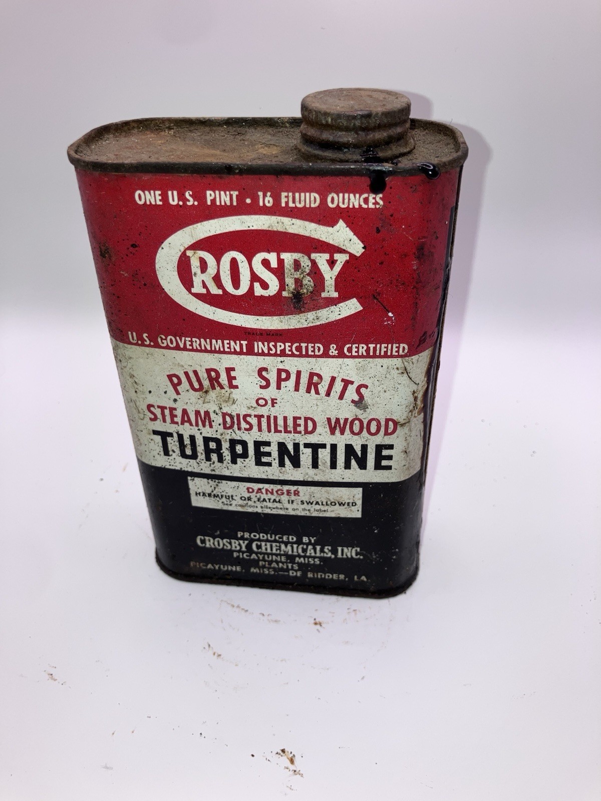 Vintage 1 Pint Crosby Brand Steam Distilled Wood Turpentine Can Paint Thinner