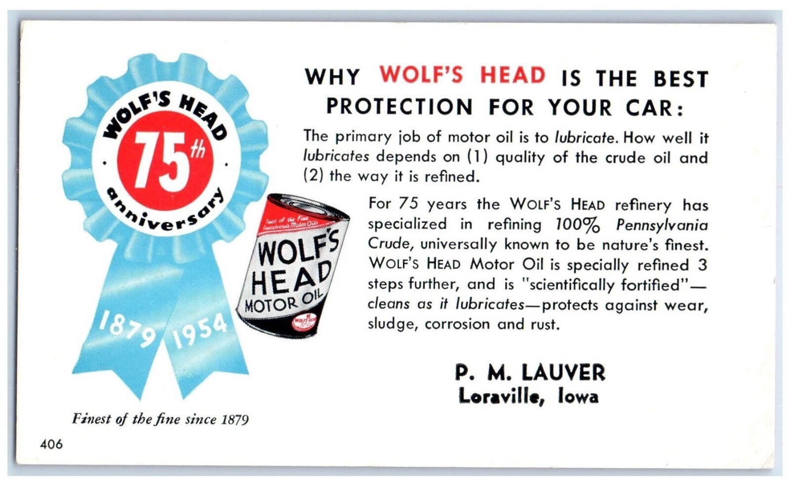 Wolf’s Head Motor Oil PM Lauver Loraville Iowa IA Ink Blotter Antique Postcard