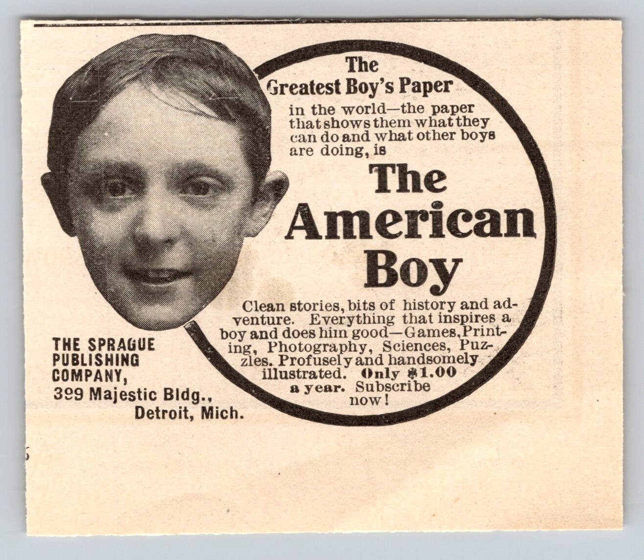 1905 Print Ad Sprague Publishing Co Detroit MI The American Boy Paper $1.00 Yr