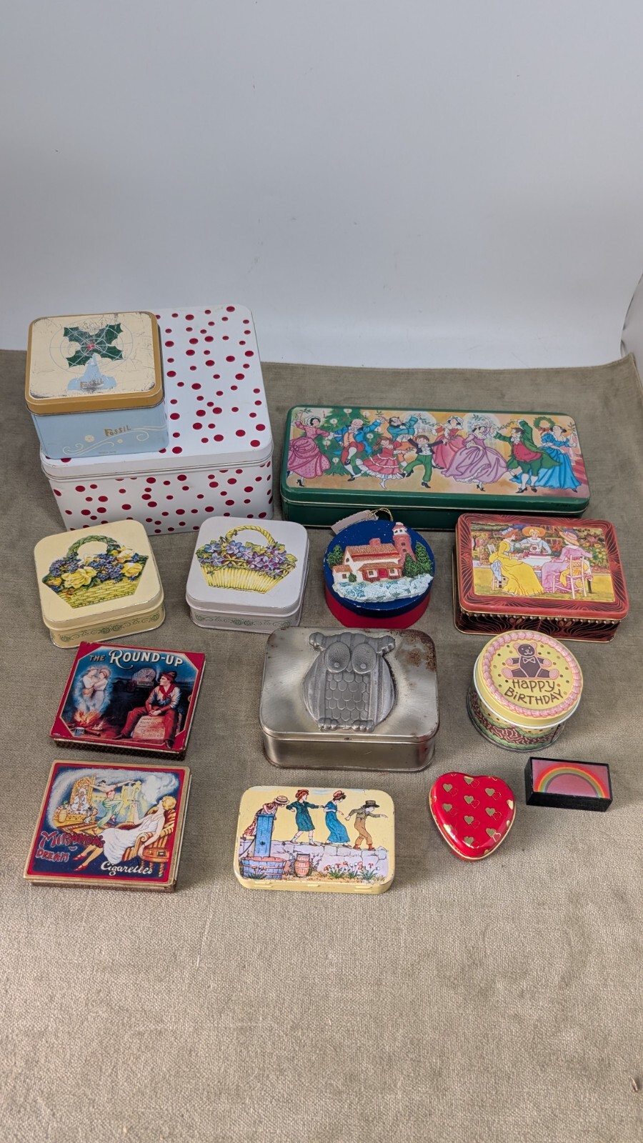 Vintage Lot of 14 Metal Boxes Tins Candy Cards Cigarettes’ Watches Boxes & other