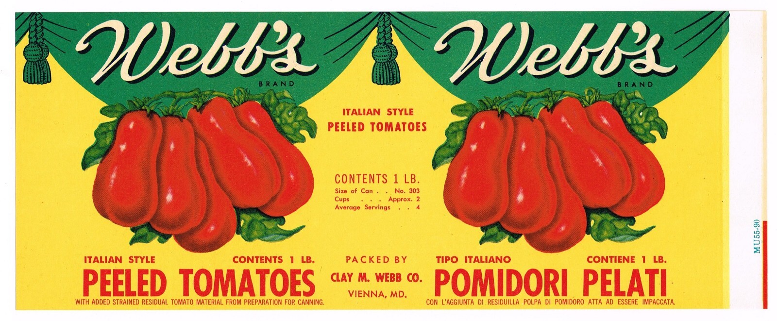 ORIGINAL TIN CAN LABEL VINTAGE 1940S WEBBS VIENNA MARYLAND ITALIAN TOMATOES