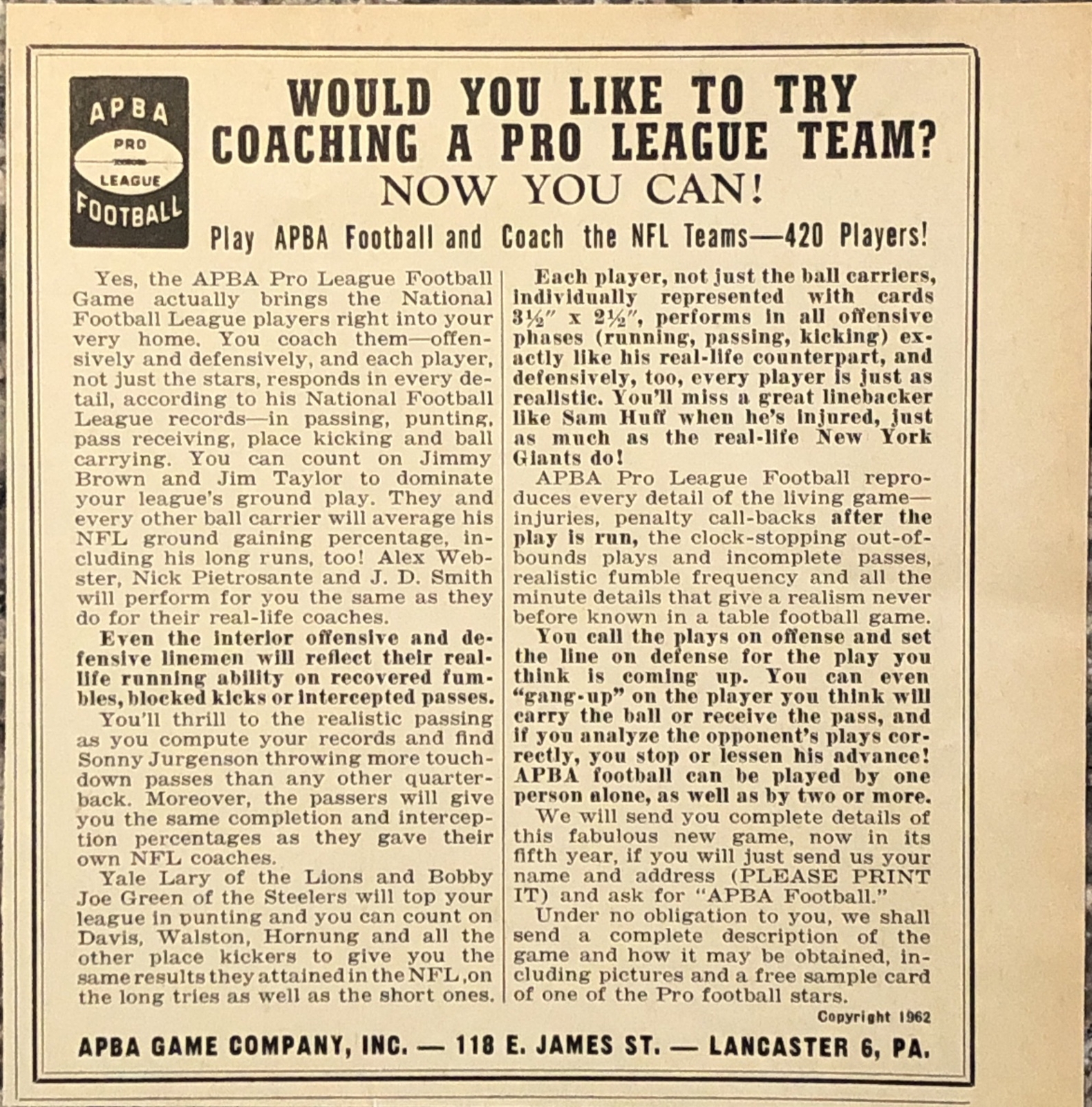 1962 APBA Pro League Football Game PRINT AD Coach NFL Team 5.5×5.5 VTG 1960s