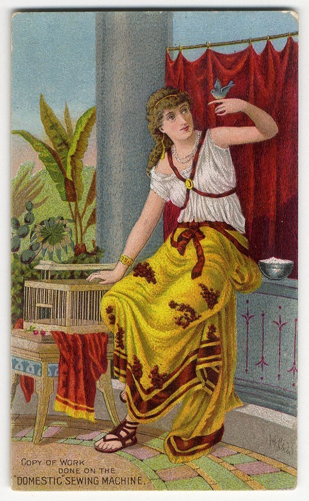 DOMESTIC SEWING MACHINE Victorian Trade Card 1880’s WOMAN Birdcage Bird