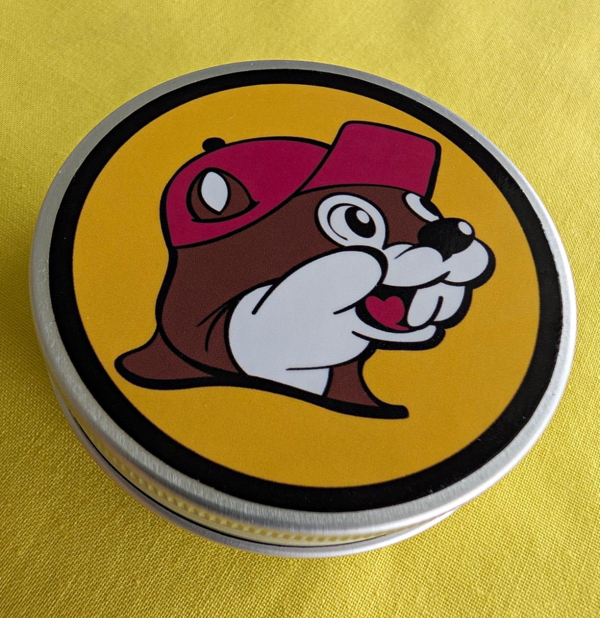 Buc-ee’s Beaver Logo Round Metal Screw-Top Collectors Tin w/ Lid Silver