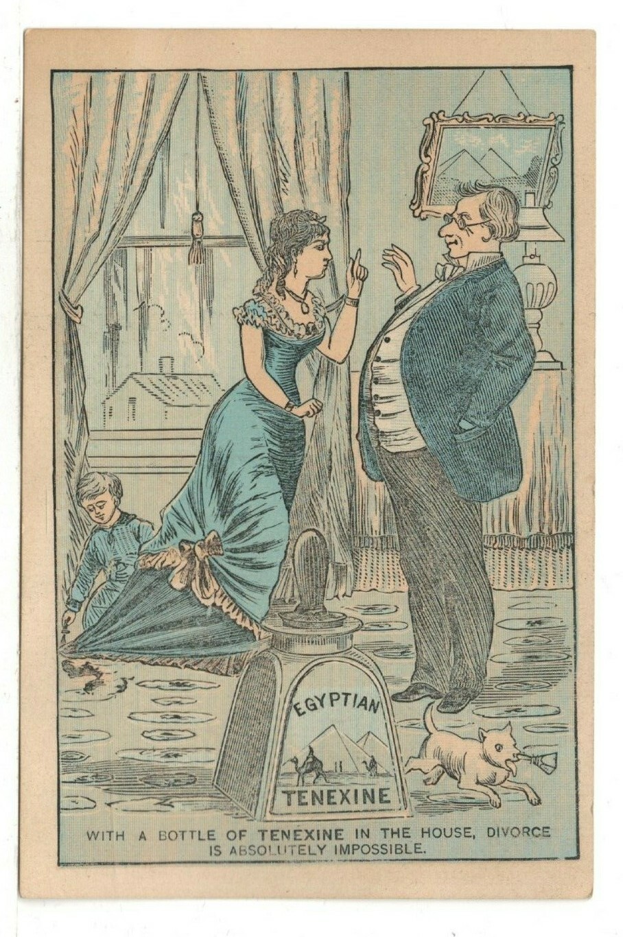 c1880 Ad Card: Man & Woman Discussing Divorce – Te-Nex-Ine Cement – 5.1” x 3.4”