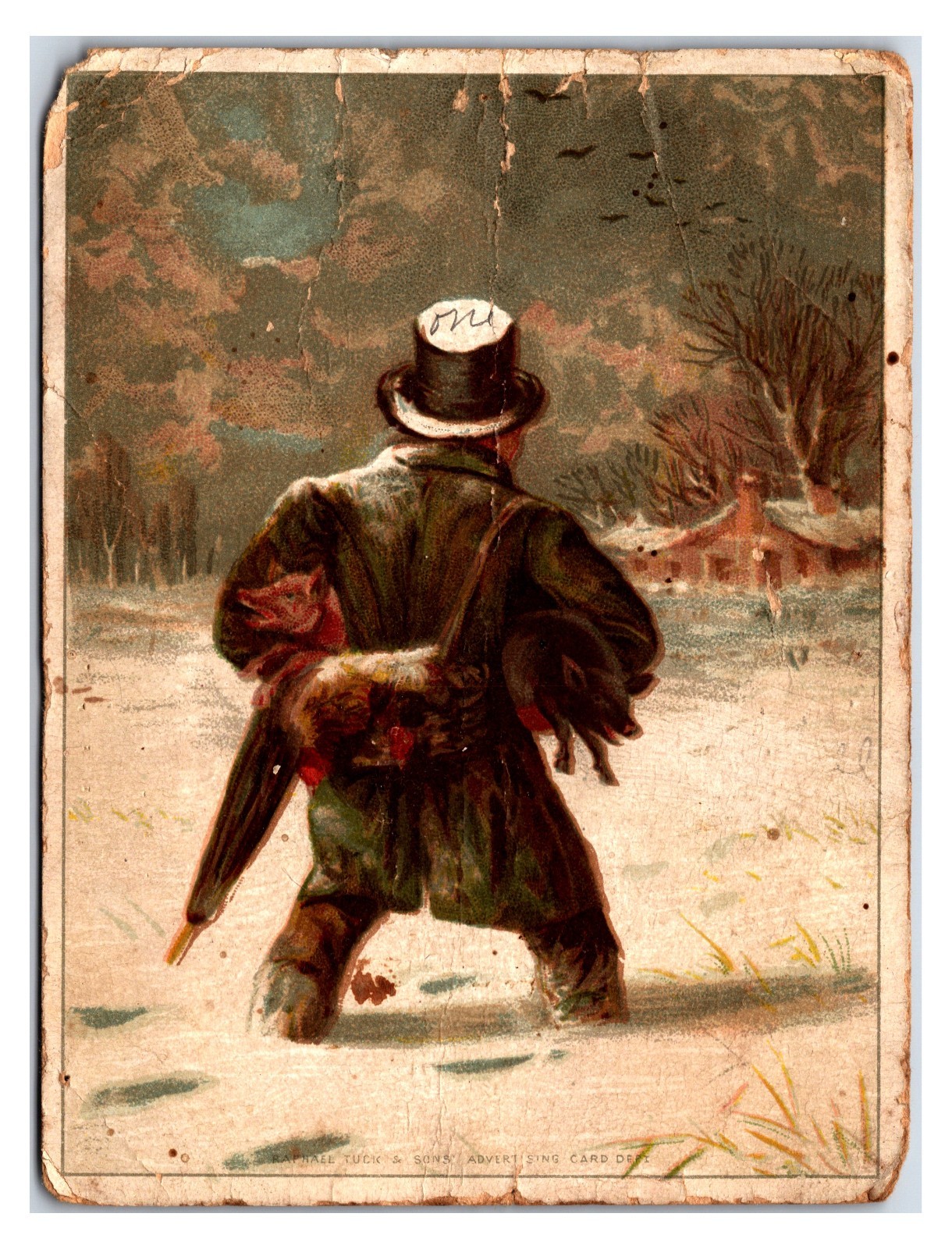 Original Victorian Trade Card 1880s – Raphael Tuck – Man With Pigs In Snow