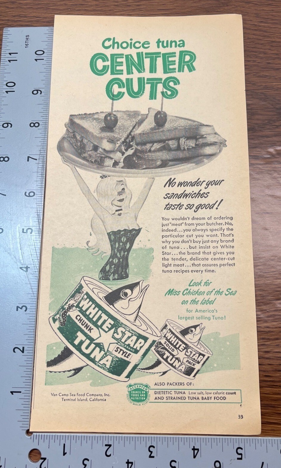 White Star Tuna Vintage Print Ad 1950s Mermaid sandwich Retro Kitchen Design