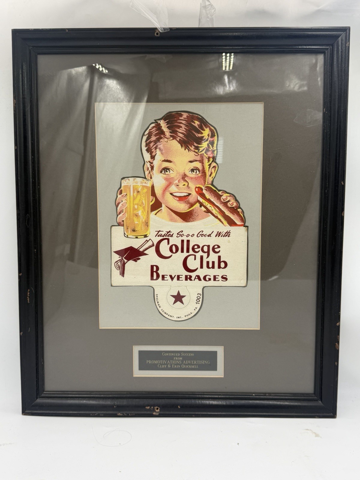 Rare Vintage College Club Beverages Framed Advertising Sign ✨1940s-50s ✨Spielm