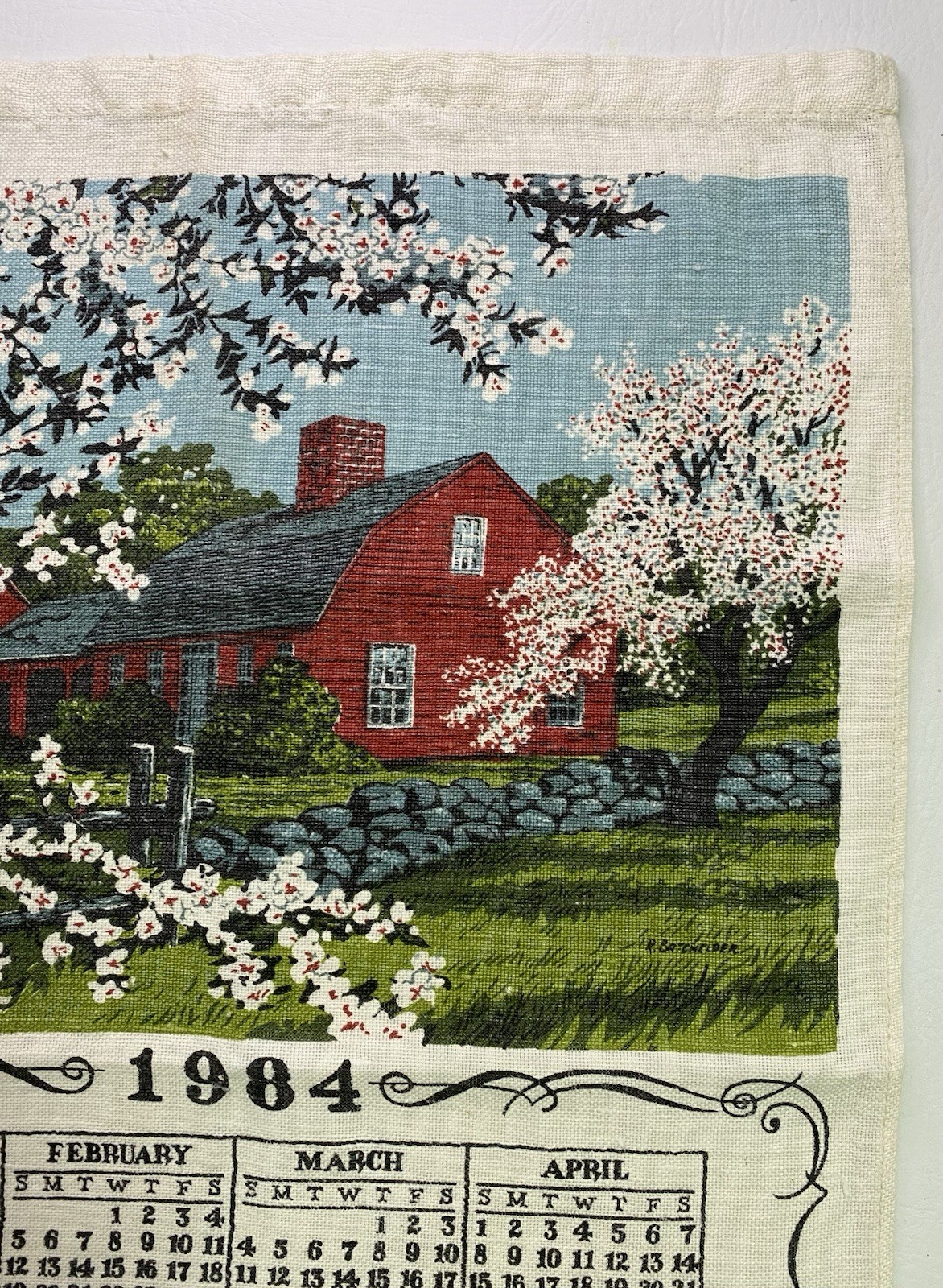 Vtg 1984 Linen Calendar Tea Towel~Red Farm House & Cherry Blossoms~Shelly Quote