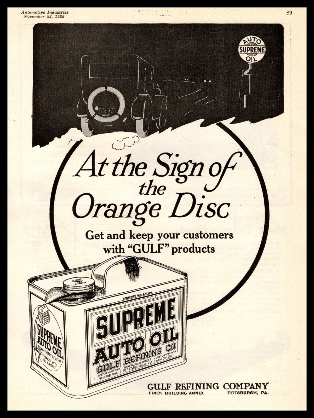 1922 Supreme Auto Oil Sign Pittsburgh PA 1 Gallon Gulf Refining Vintage Print Ad