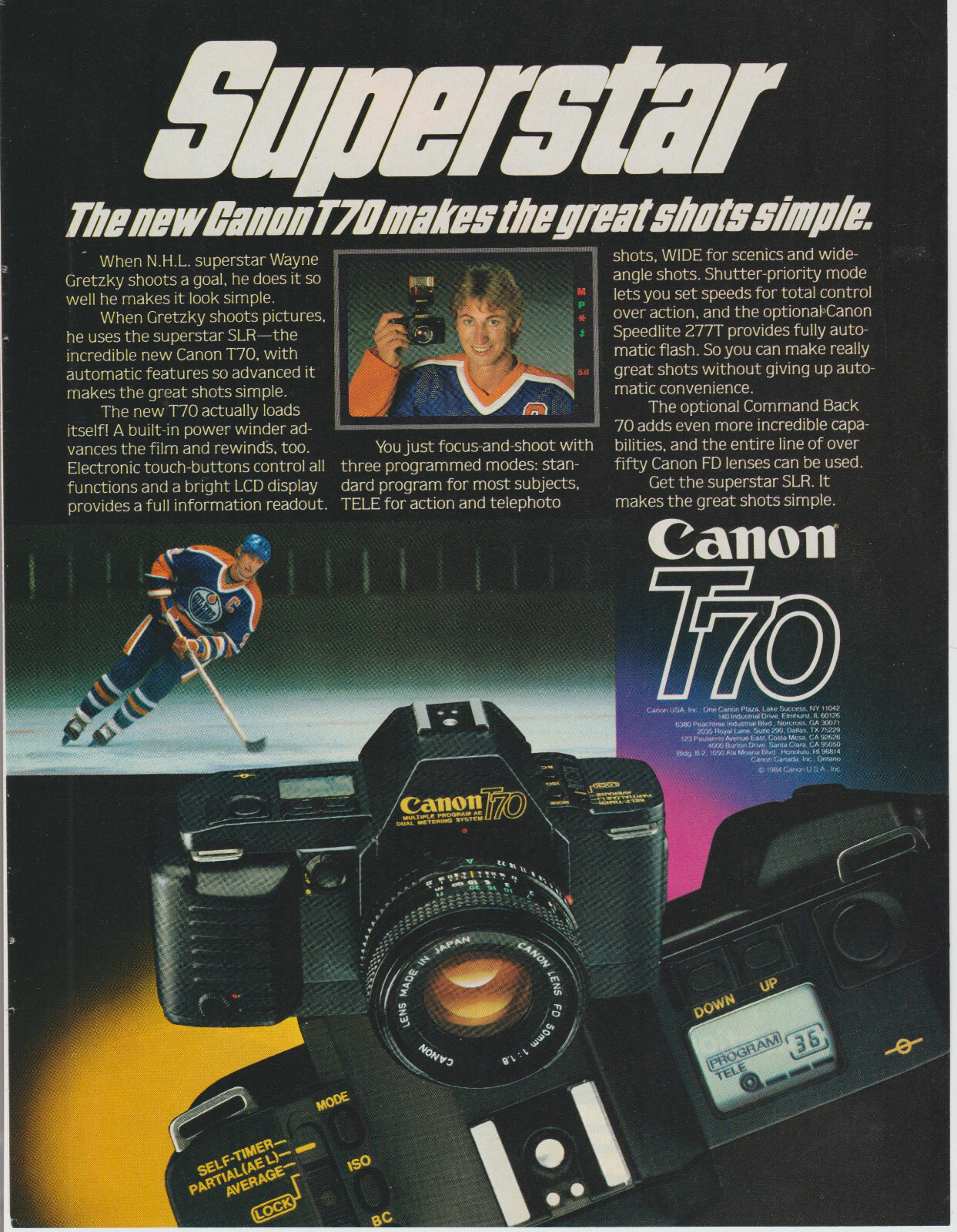1984 Canon T70 Camera – NHL Ice Hockey Superstar Wayne Gretzky Oilers – Print Ad