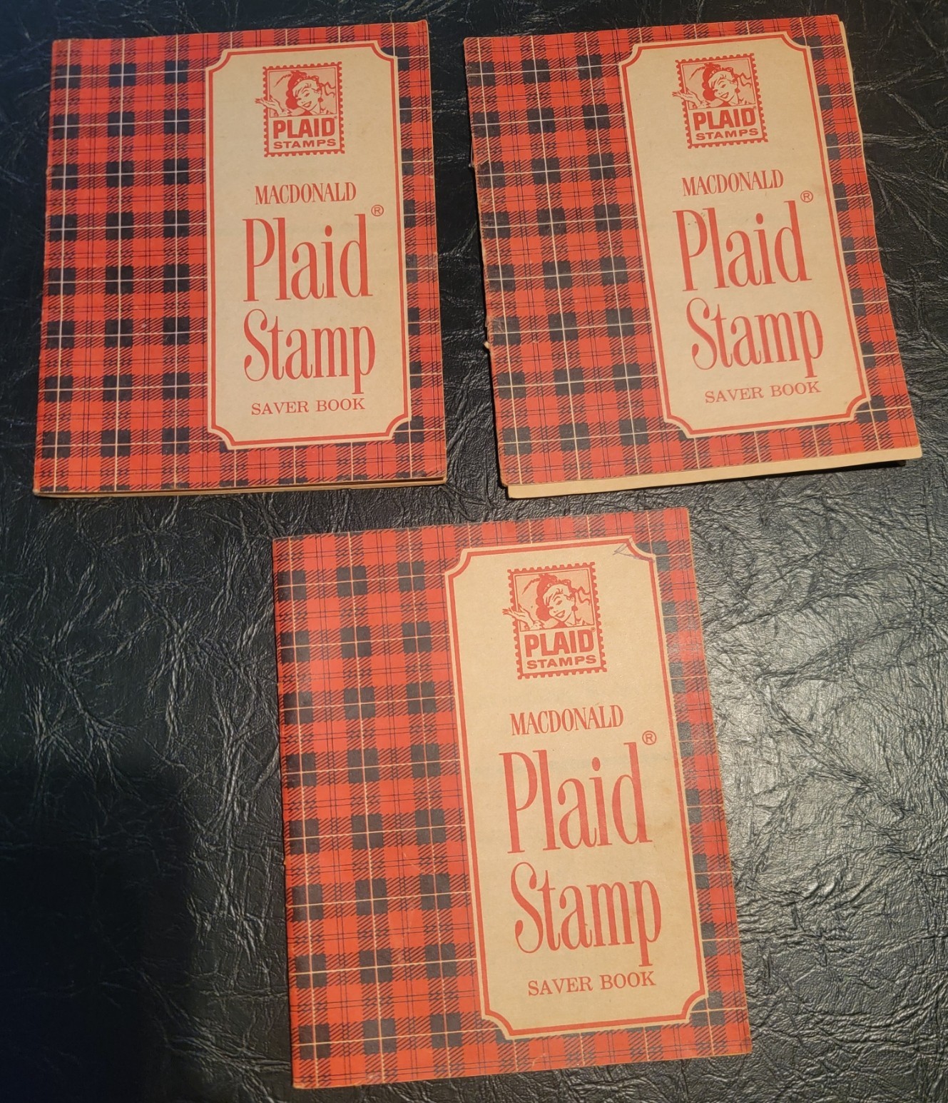 1960’s MacDonald Plaid Stamp Saver Books for A & P STORE Lot of 3 with stamps TB