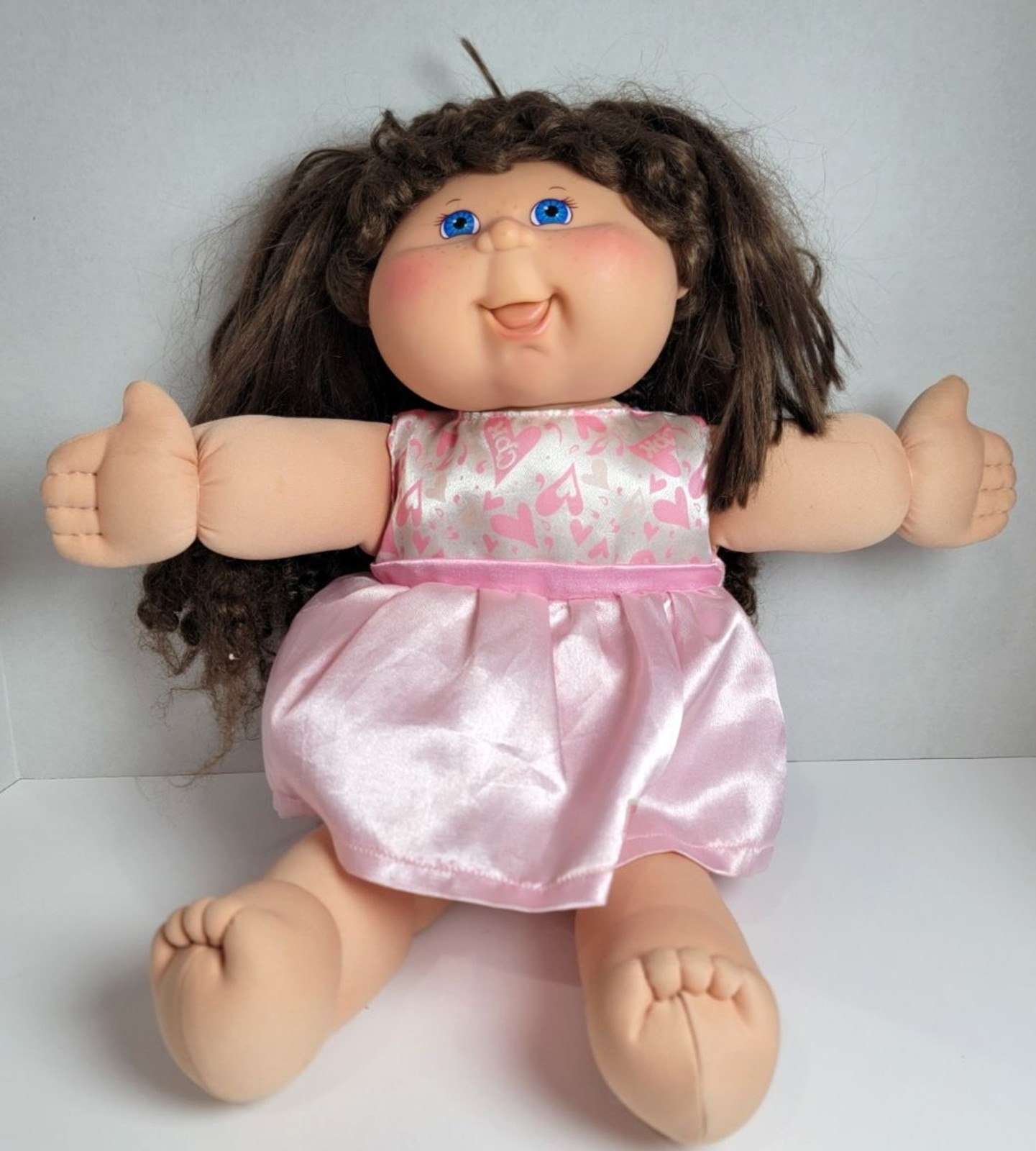 Cabbage Patch Kids Doll Xavier Roberts Signed Pink Dress Brown Yarn Hair 20”