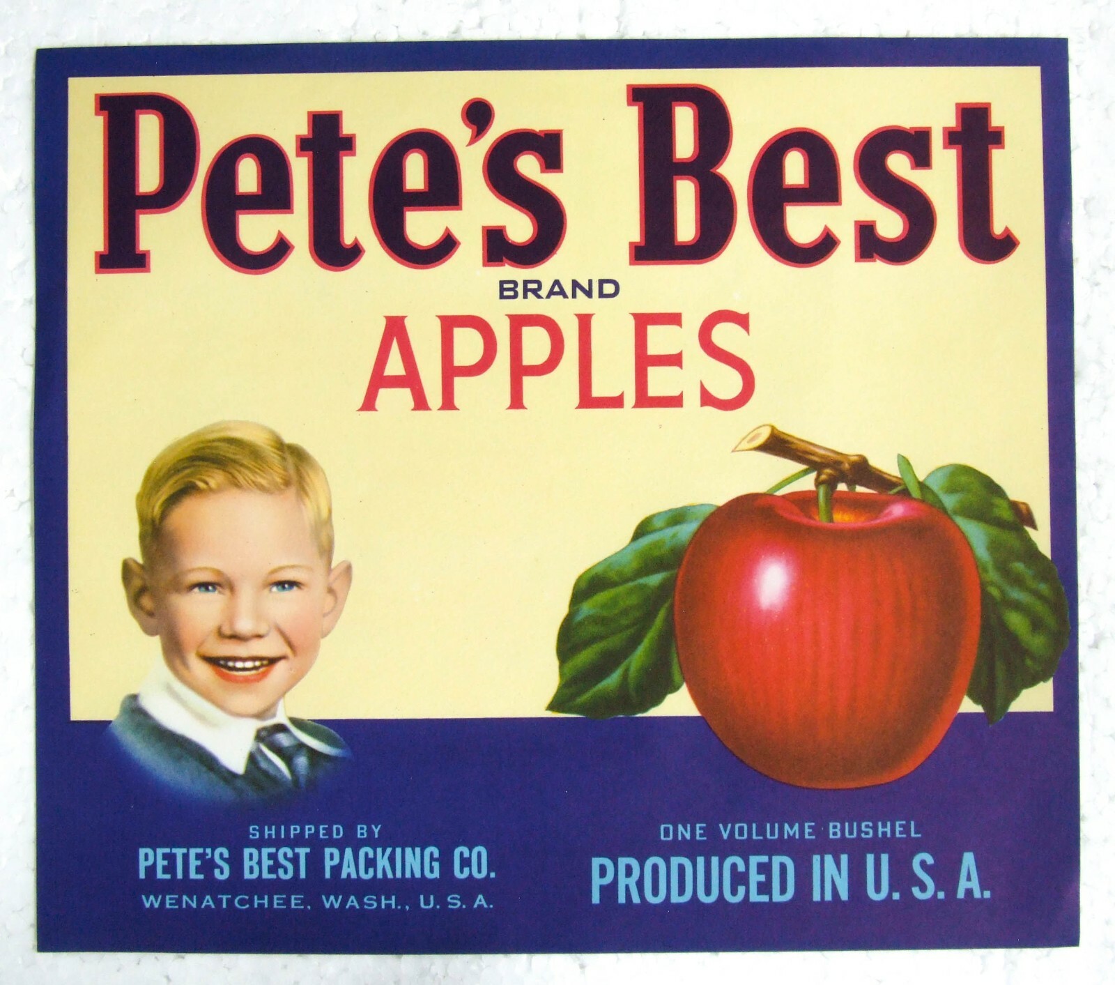 Antique USA Fruit Crate Label Pete’s Best APPLES USA Produce Label