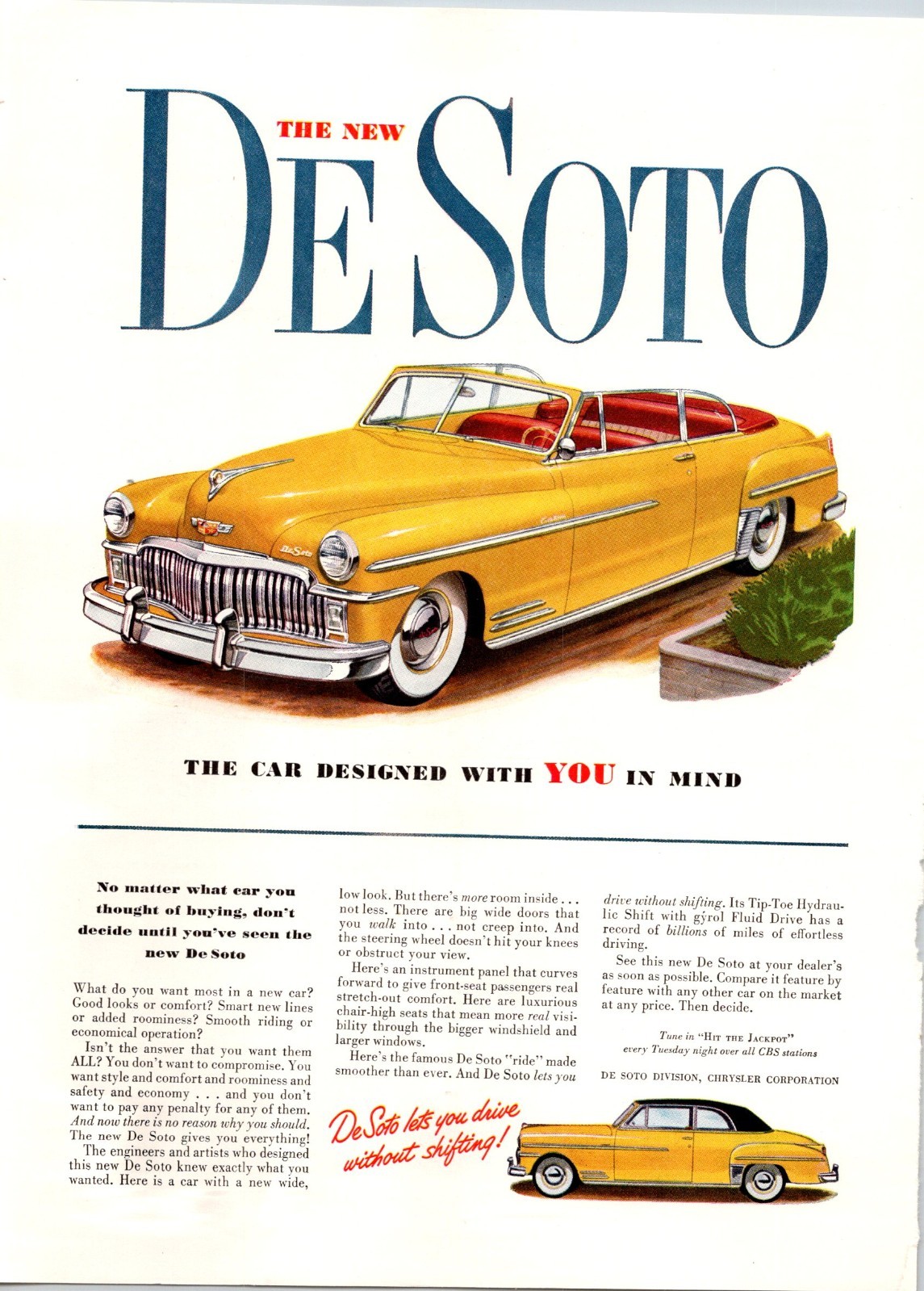 1949 De Soto Convertible & Sedan Vintage Ad – Yellow Custom Car Chrysler Print