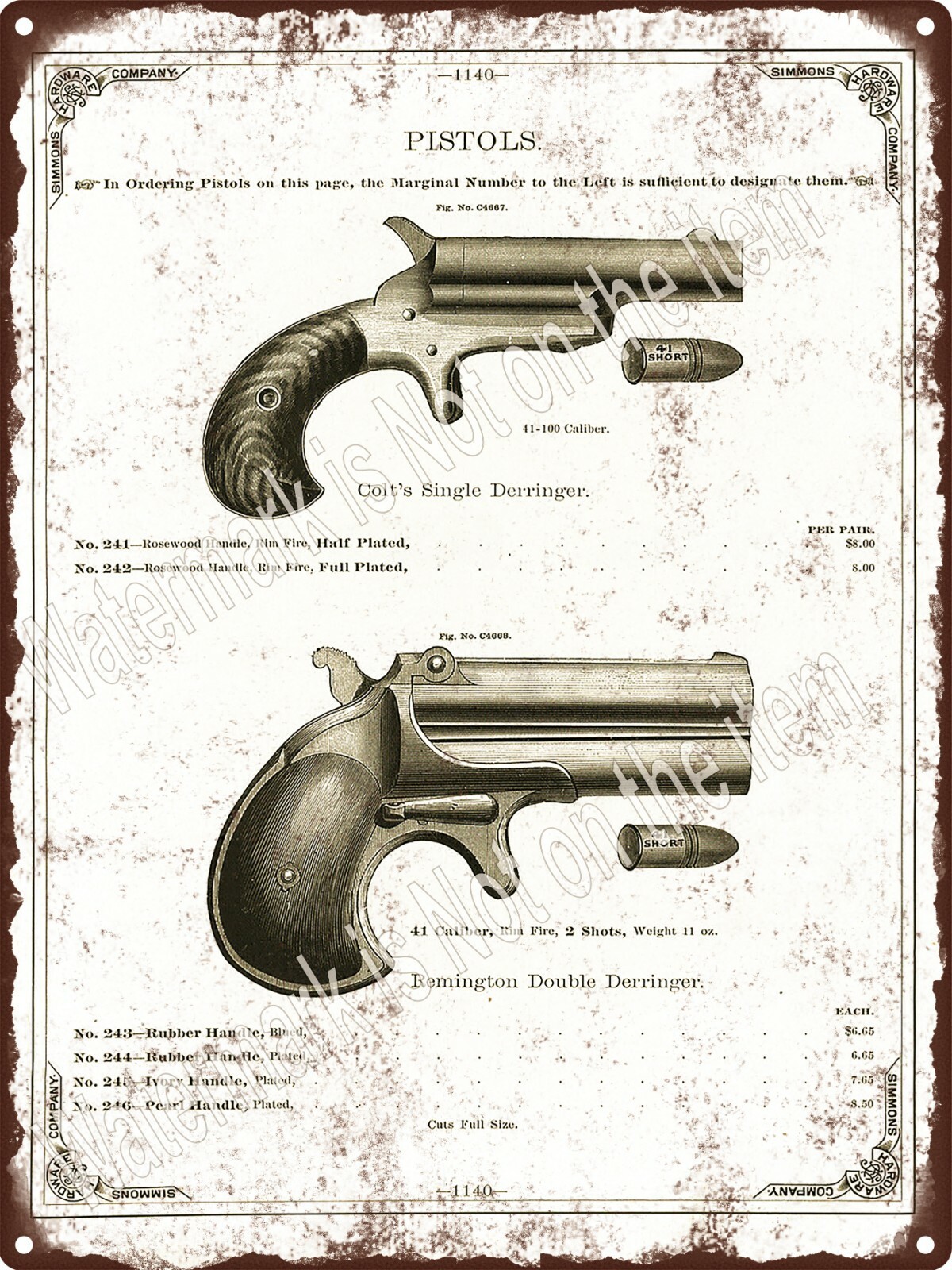1890 Colt Single Shot Derringer Remington Double Pistols Metal Sign 9×12″ A556