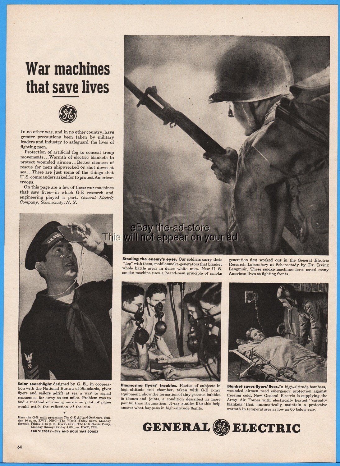 1945 General Electric WWII Smoke Machine X-Ray Equipment Heated Blankets Ad