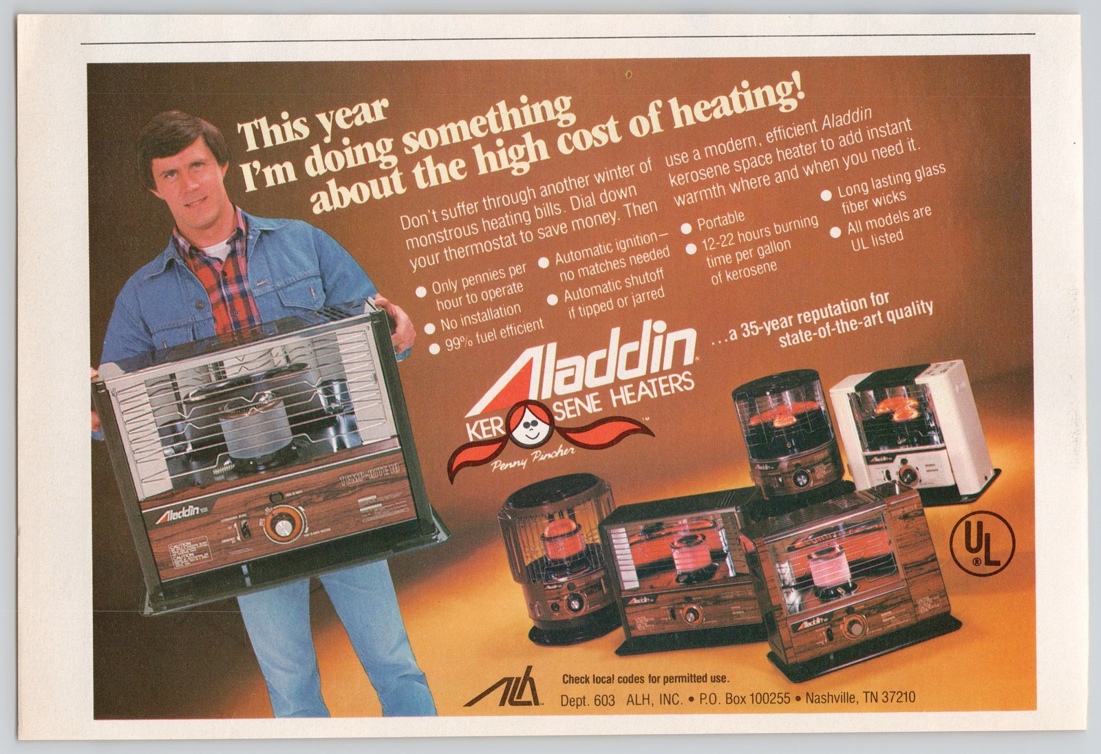 Aladdin Kerosene Heaters Pennies Hour Portable UL 1981 Vintage Print Ad