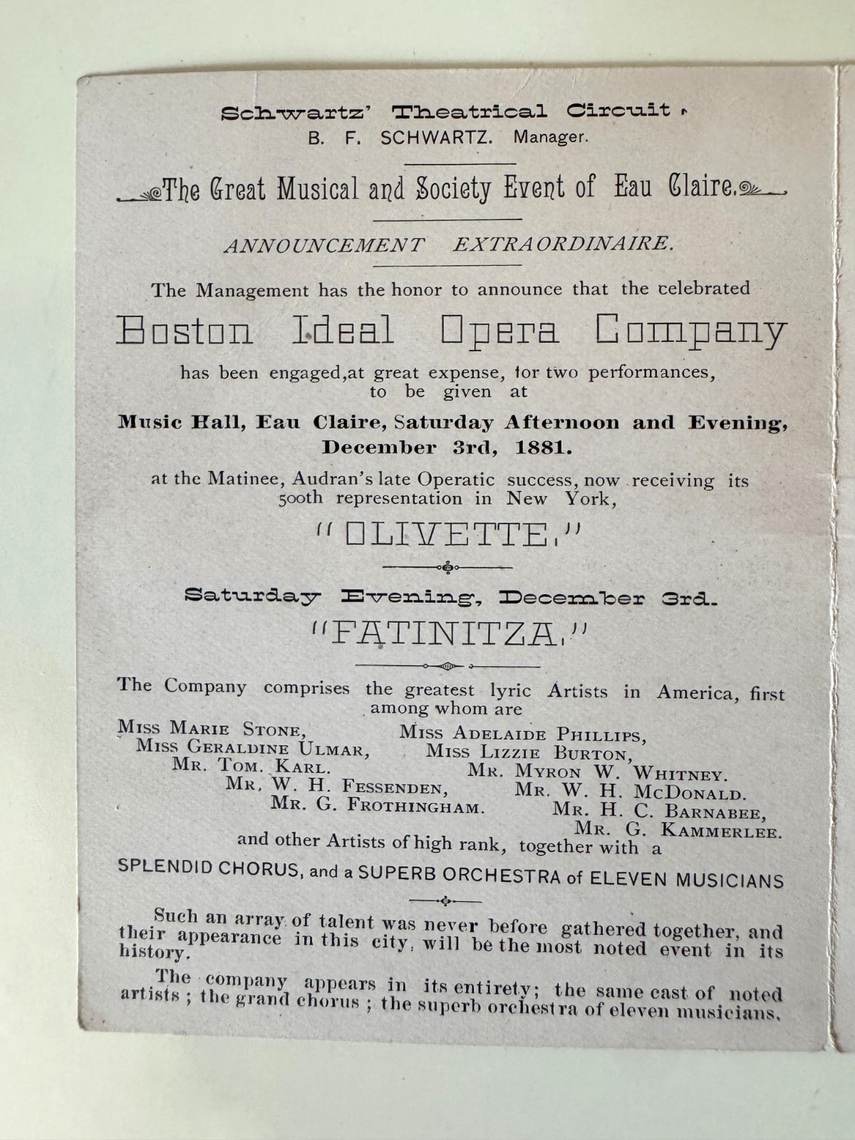 1881 Folding Trade Card Eau Claire WI Music Hall Boston Ideal Opera dragon boat