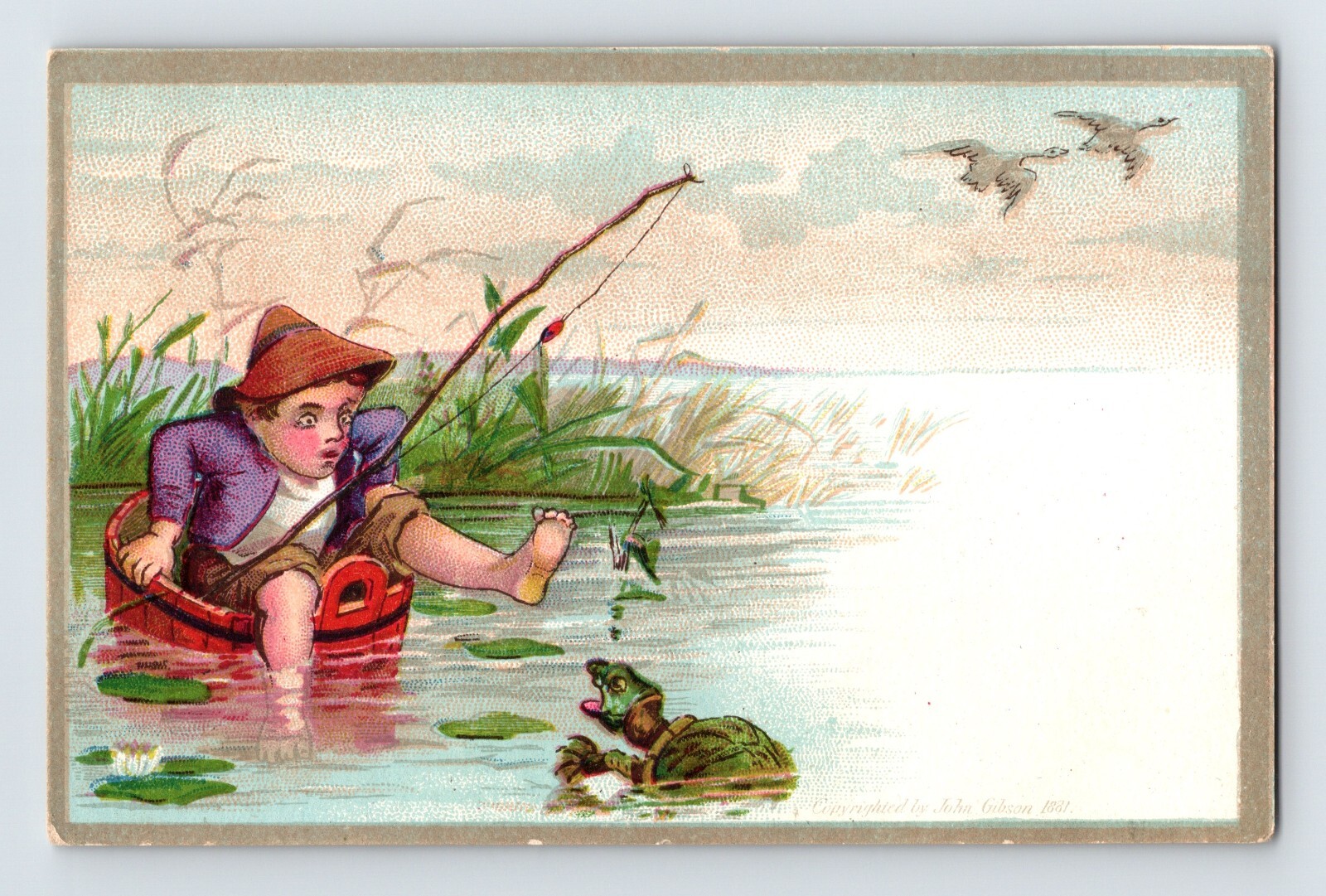 Boy Fishing Snapping Turtle 1890s Victorian Trade Card Blank Back – 4.75 x 3