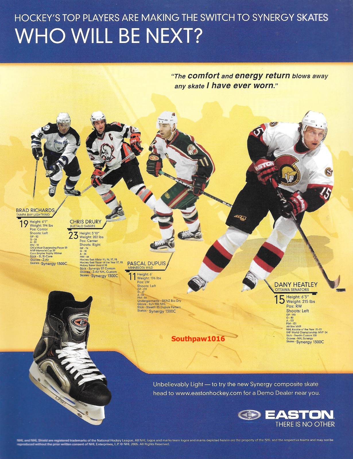 2006 Easton Synergy Skates ‘Heatley, Drury, Richards, Dupuis’ Original Print Ad
