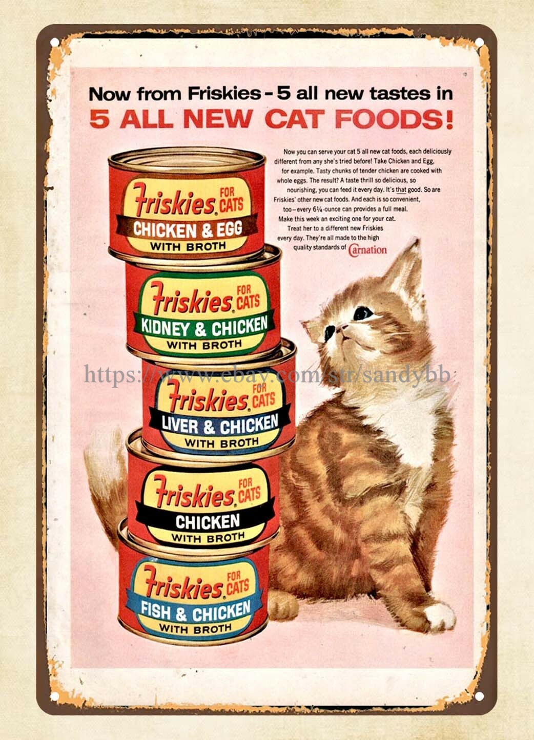 tin coffee sign 1963 ORANGE TABBY TIGER KITTEN Friskies Cat Food metal tin sign