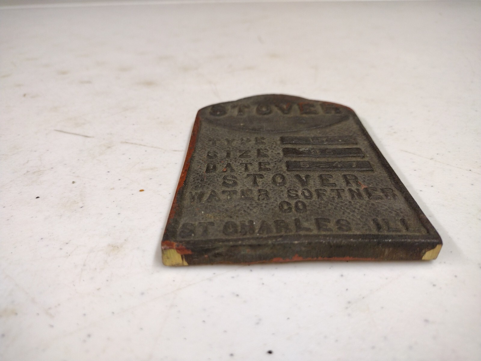 Vintage Brass 1947 Stover Water Softener Co St Charles IL Advertising Name Badge
