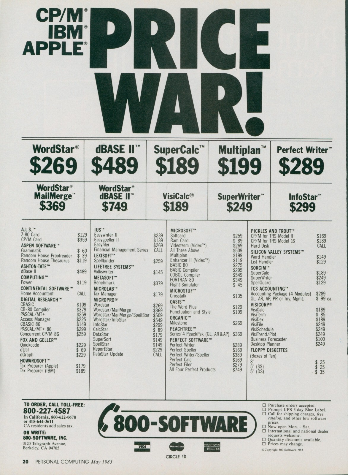 1983 800 Software Price War WordStar dBase II SuperCalc Perfect Writer Ad PEC1