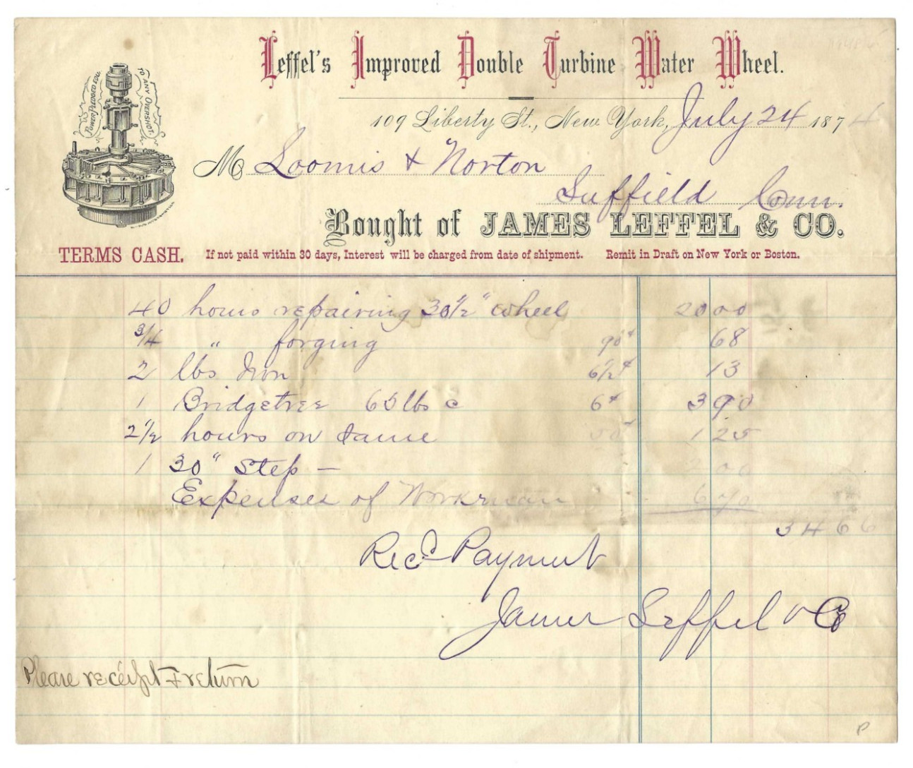 1874 Invoice James Leffel Double Turbine Water Wheel NY Loomis Norton Suffield