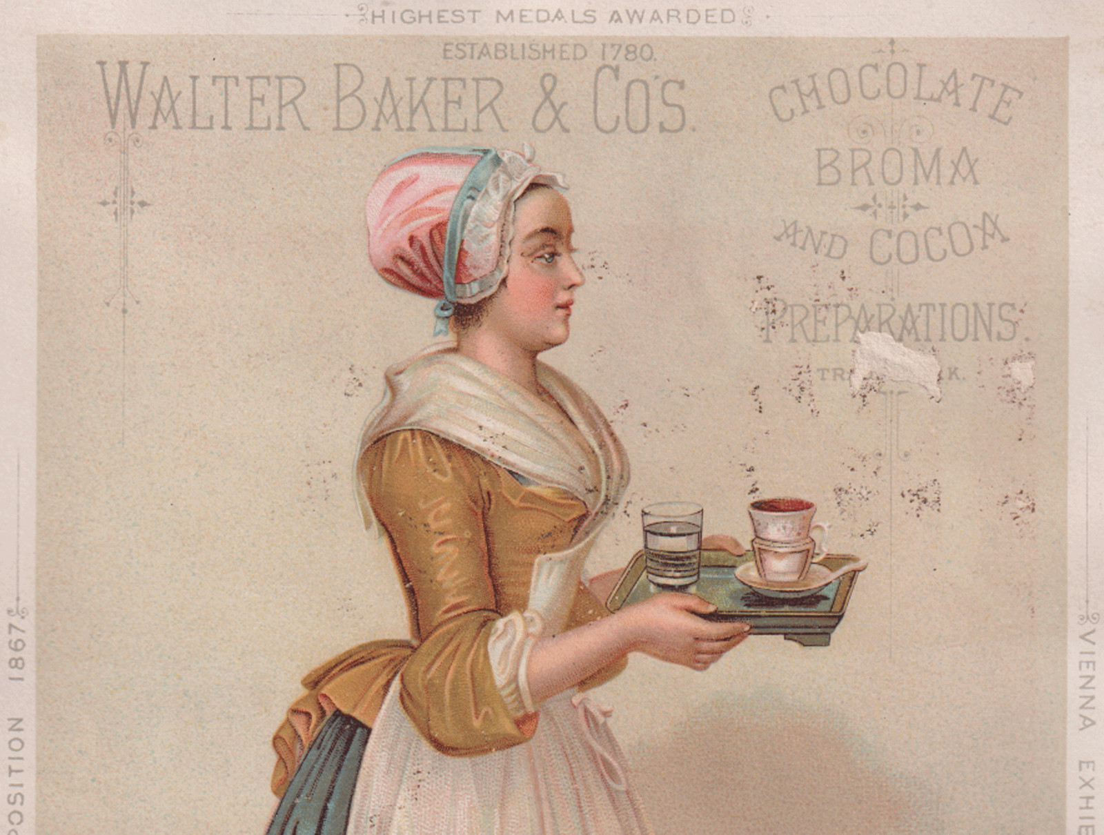 LG. WALTER BAKER & CO CHOCOLATE TRADE CARD, FAMOUS LOGO, BREAKFAST COCOA C488*