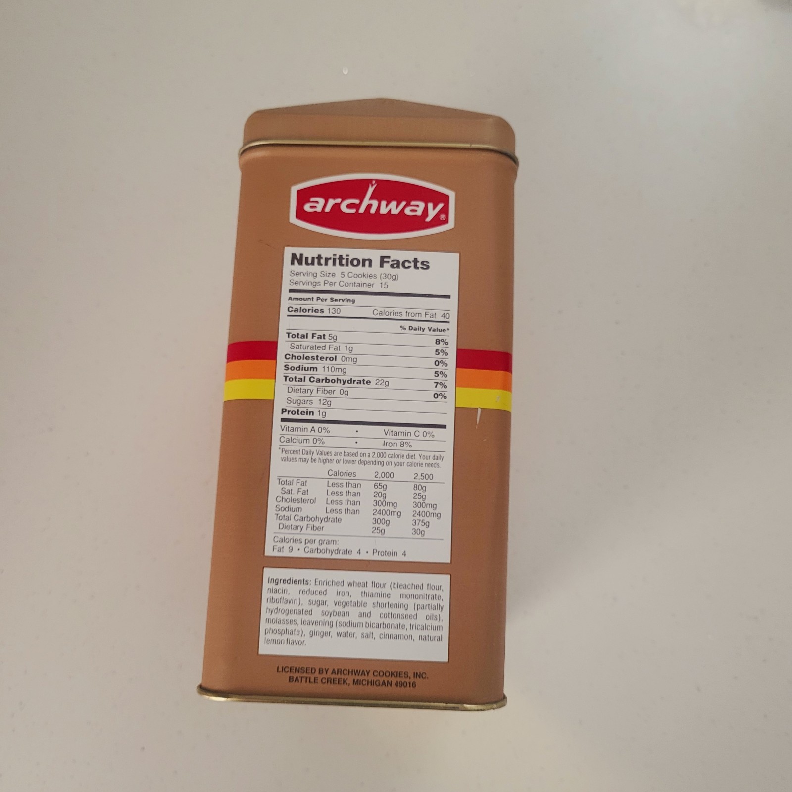 Archway Gingersnaps Cookie Tin 1 lb Limited Edition Brown Tan Metal Vintage 8″