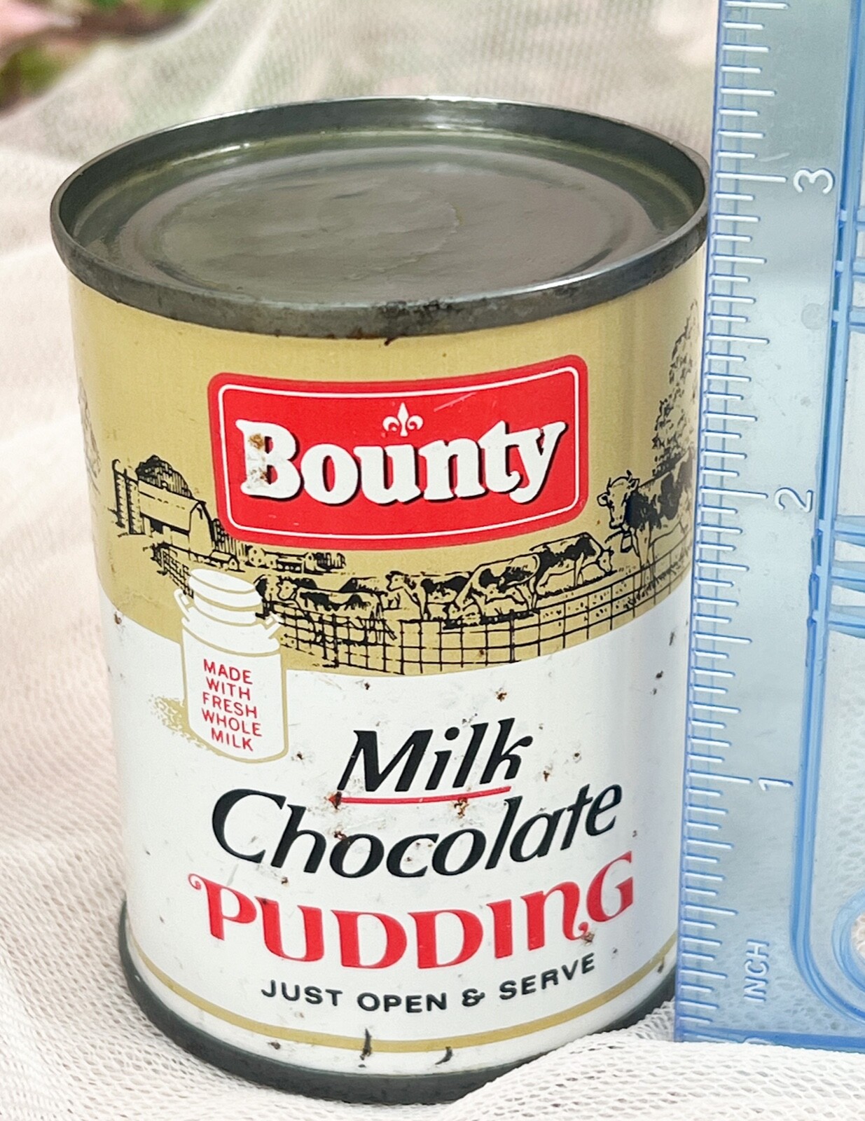 1950s Advertising 3″ Mini Tin Can BOUNTY MILK CHOCOLATE PUDDING—SEALED EMPTY