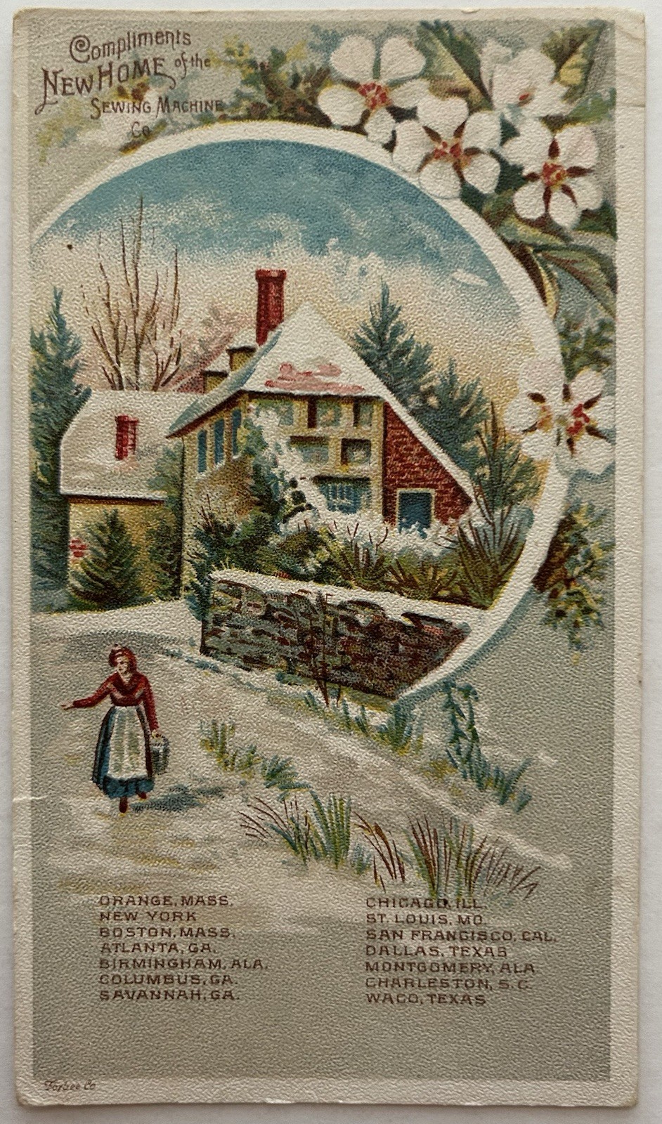 Original 1880s New Home Sewing Machine Co. Trade Card Winter House Scene