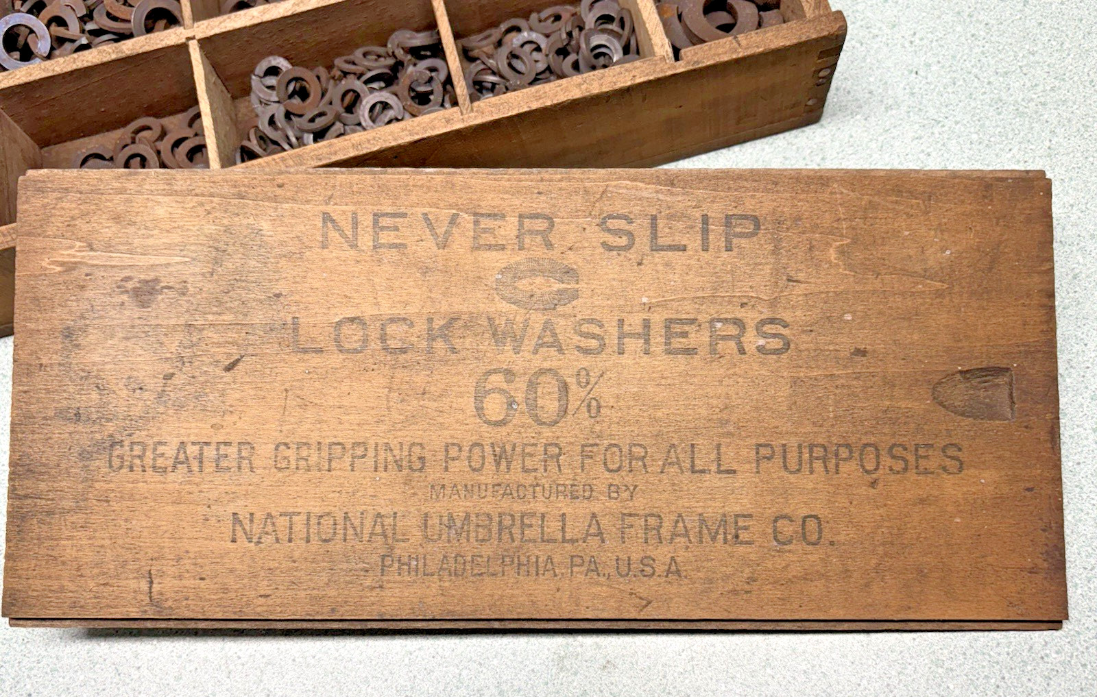 Vintage Never Slip Spring Lock Washers Box Philadelphia WOOD BOX hardware store