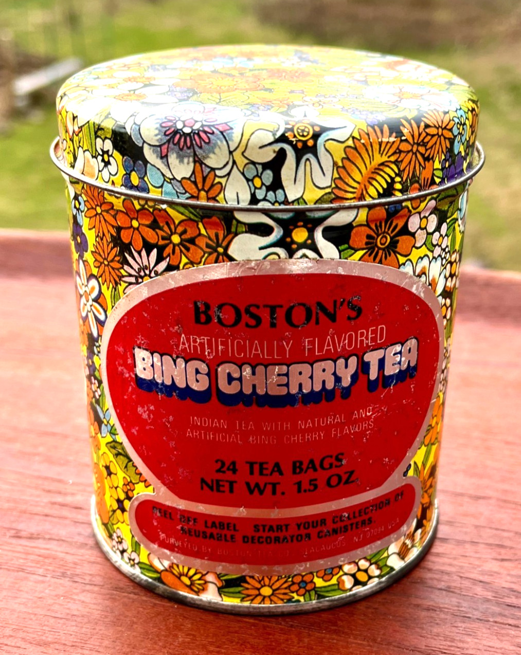 Vintage Bostons Tea Tin, Bin Cherry Retro 1970s Tea Tin All Over Flowers Tin