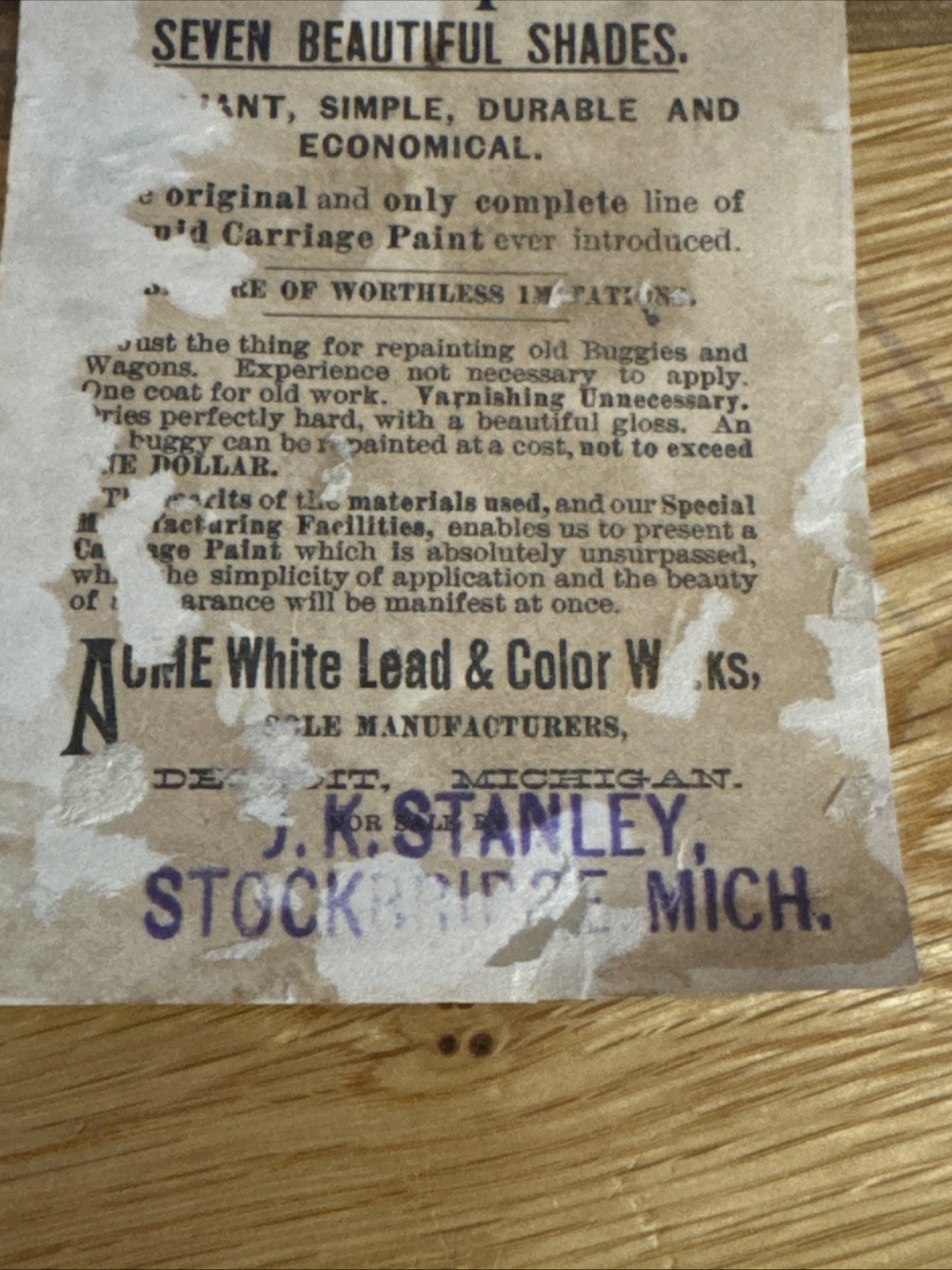 J. K. Stanley Trade Card-Carriage Paints-Stockbridge, MI. V134