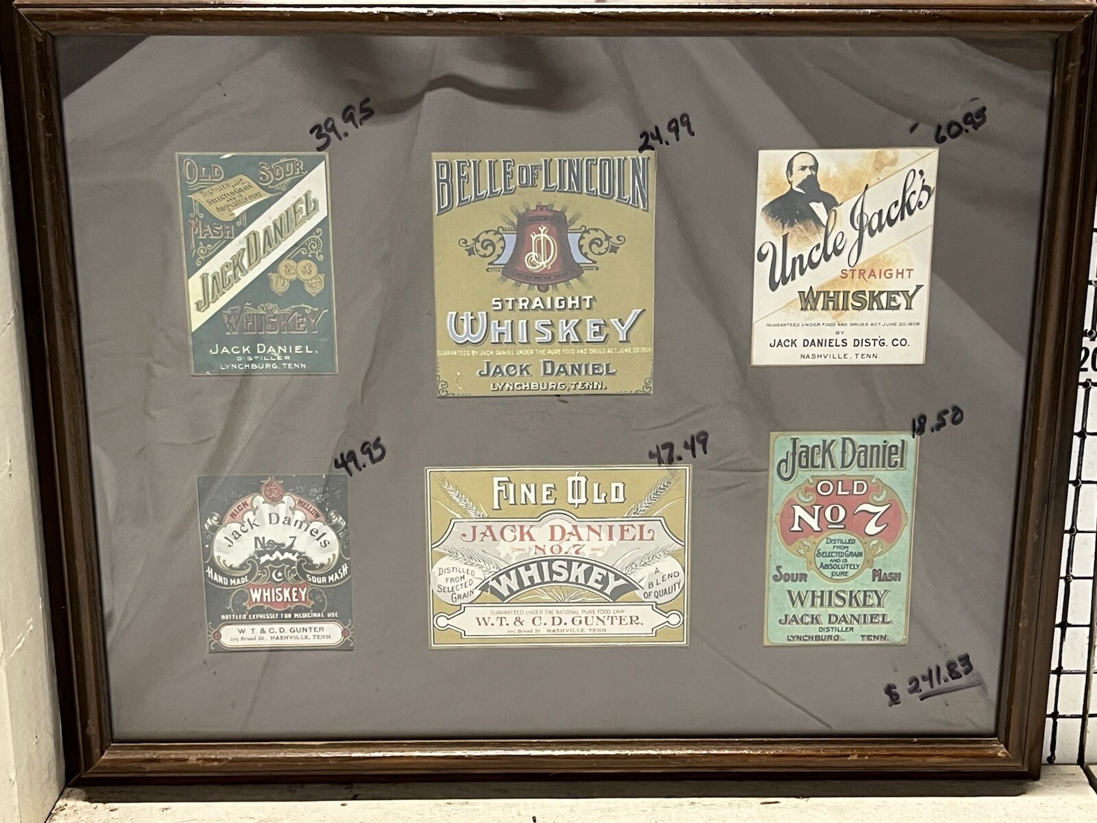 JACK DANIEL WHISKEY LABELS RARE Displayed Together. Can be removed if desired