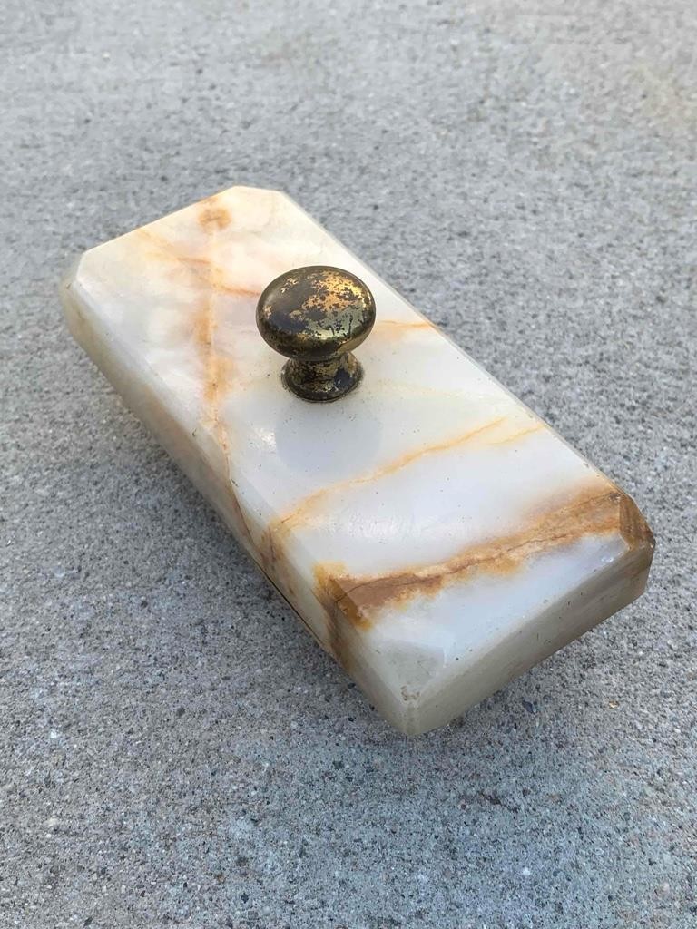 Vintage Alabaster Marble with & Brass Knob 5″ Wide Desk Ink Blotter